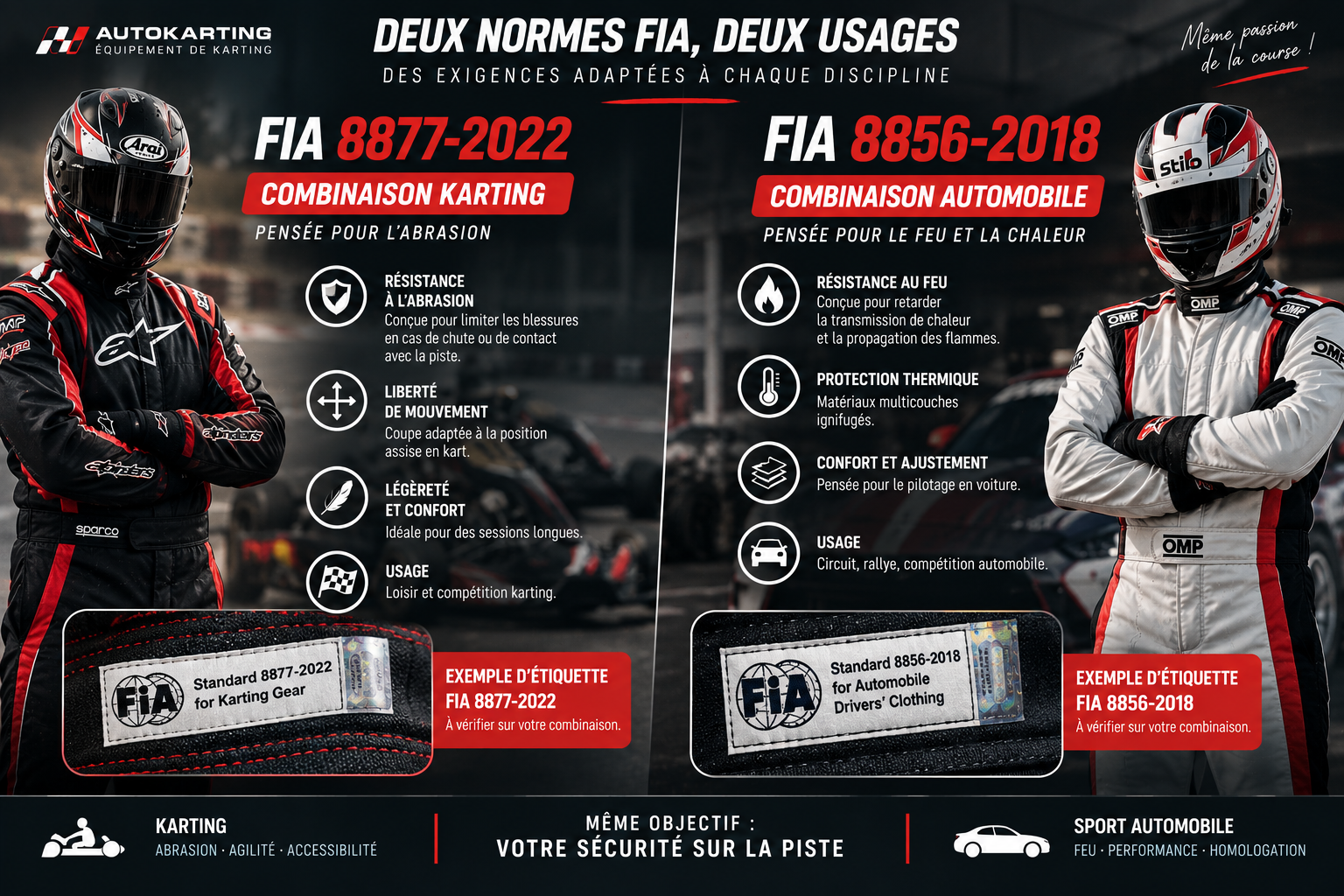 Différences normes FIA combinaison karting vs auto