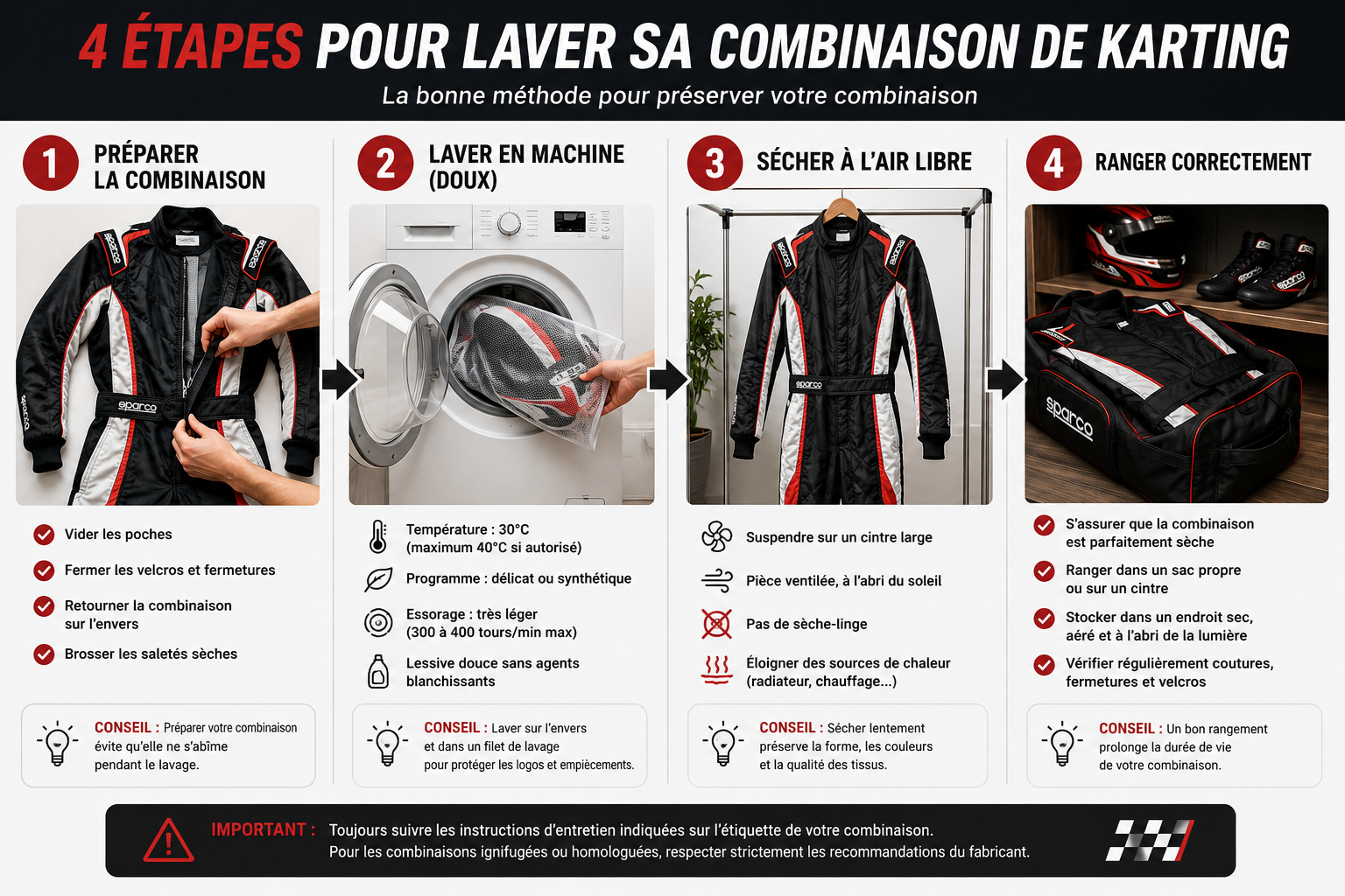 programme lavage combinaison karting