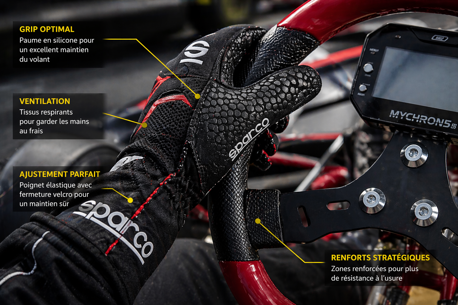 detail du grip en silicone sur la paume d un gant de karting