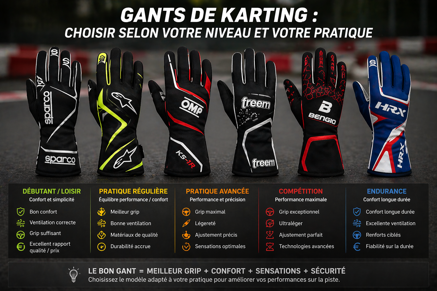 comparaison de differents gants de karting selon le niveau et l usage