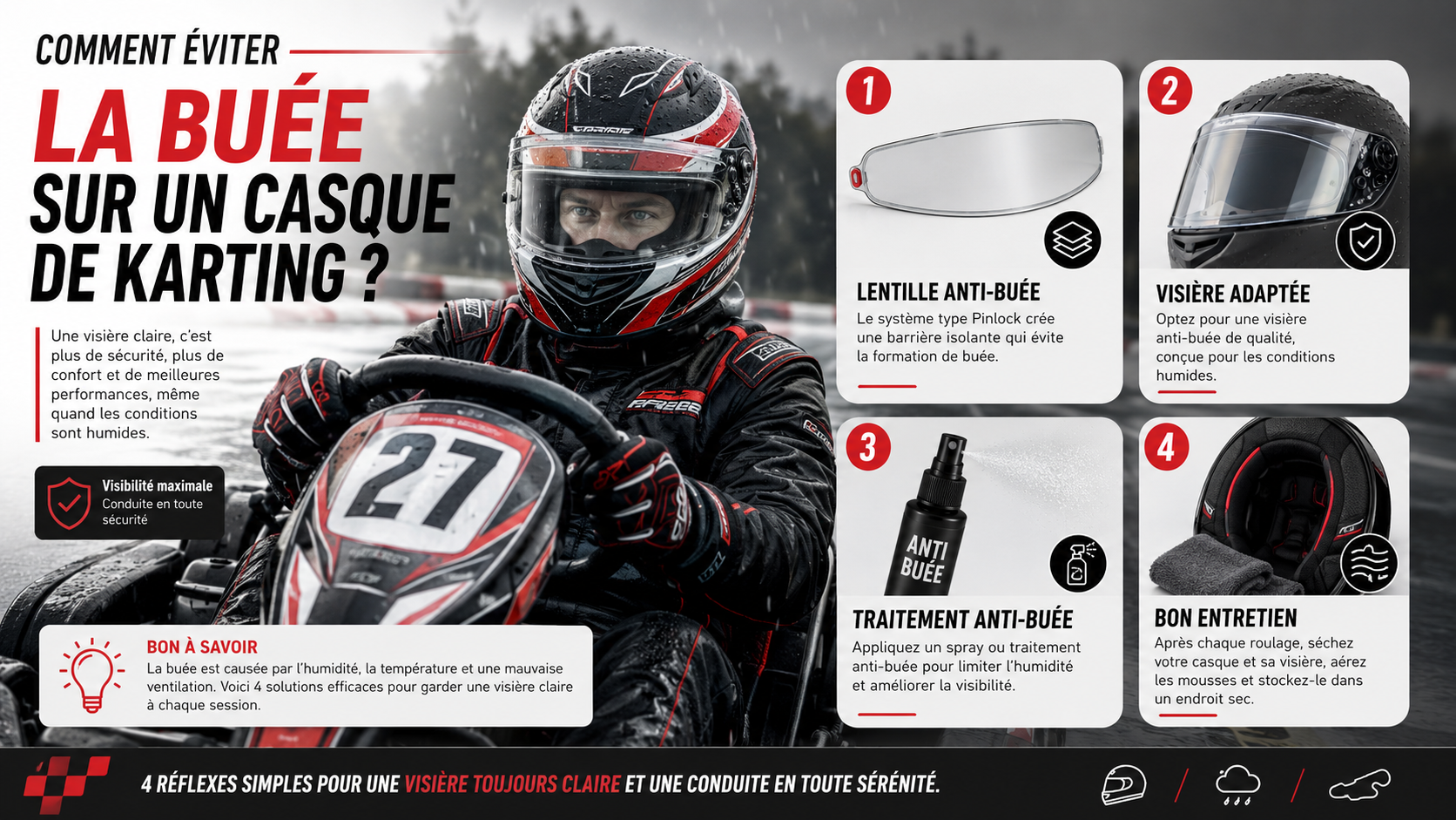 comparaison visière de karting avec buée et visière anti-buée claire