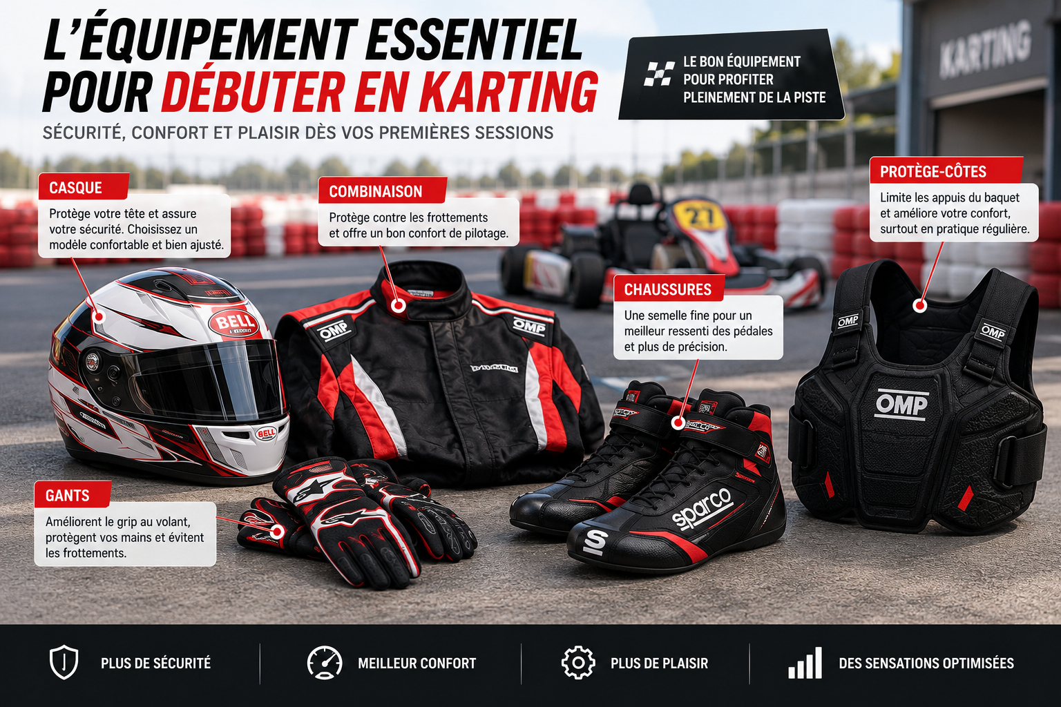 équipement complet pour débuter le karting casque combinaison gants chaussures et protège-côtes