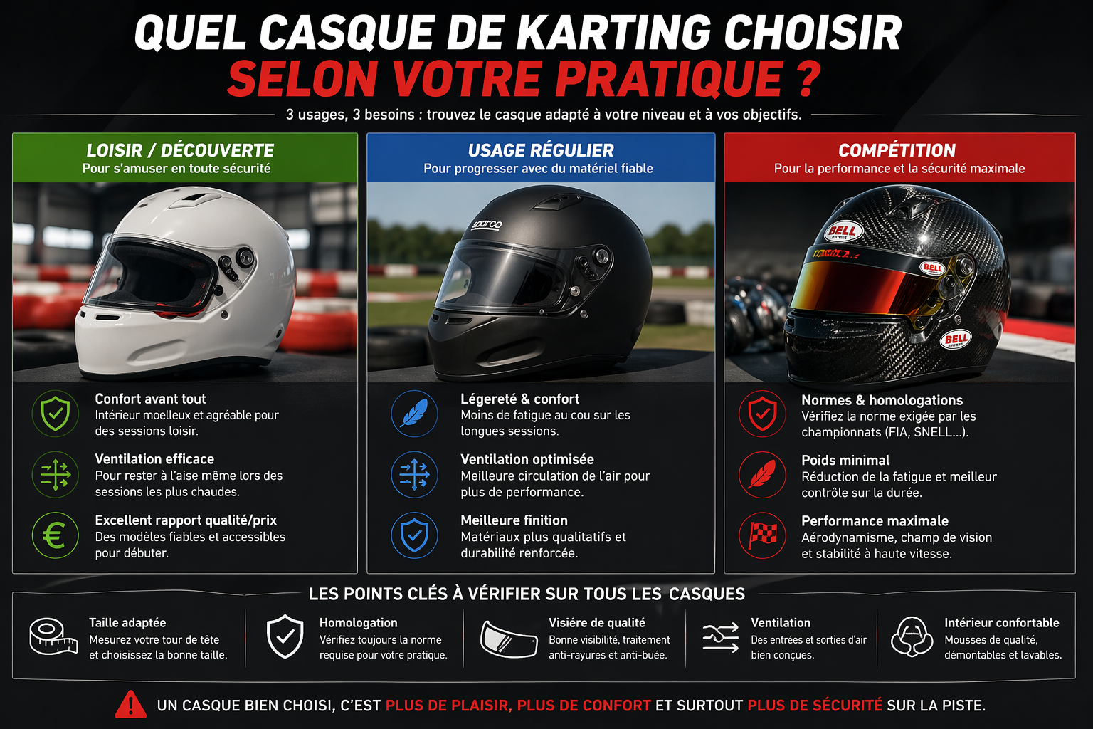 comparaison de differents casques de karting selon le niveau et la pratique