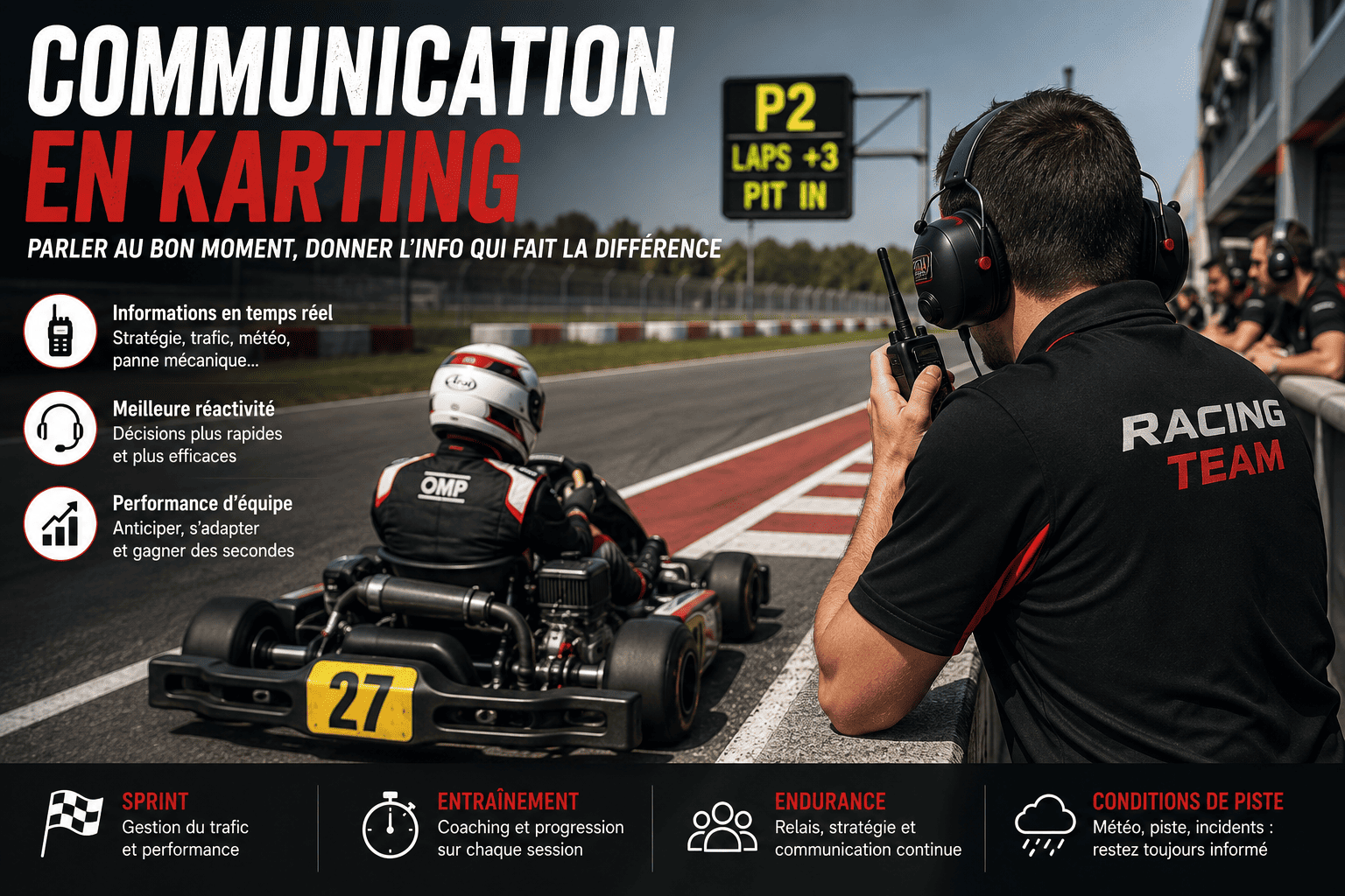 Communication karting : radio, intercom, Bluetooth ou panneau ?